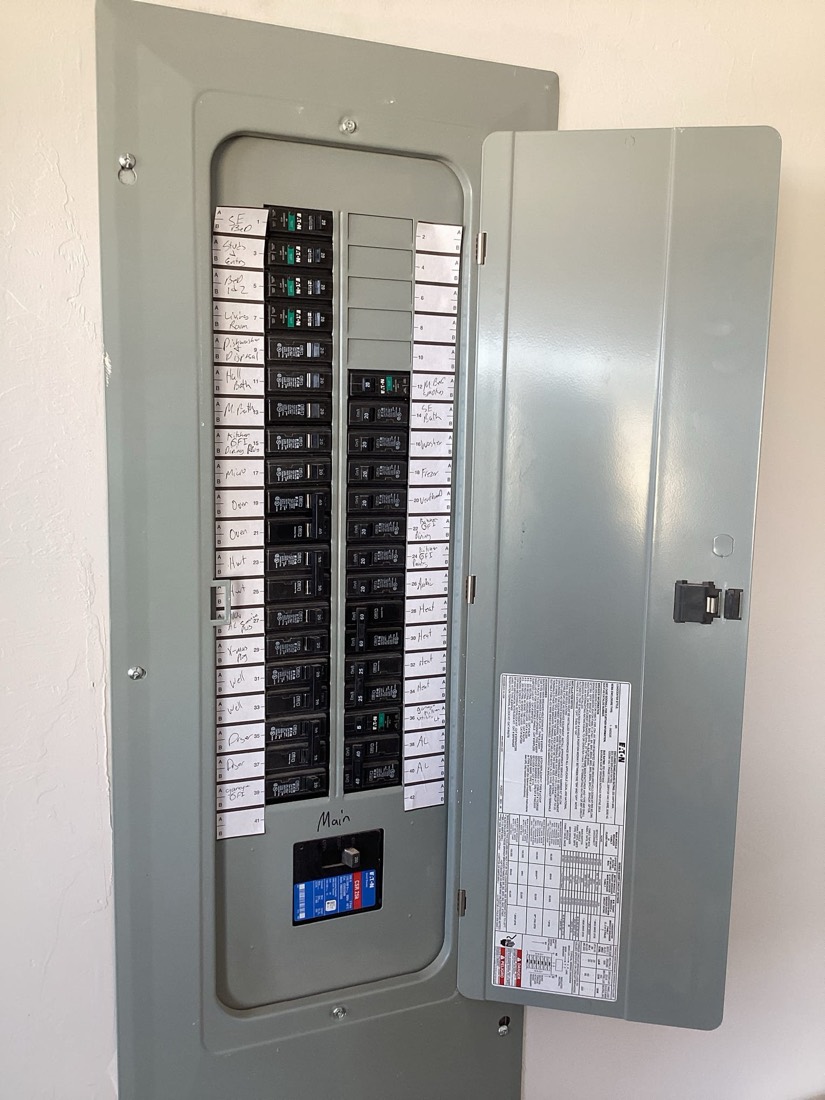 Main electrical panel with organized circuit breakers
