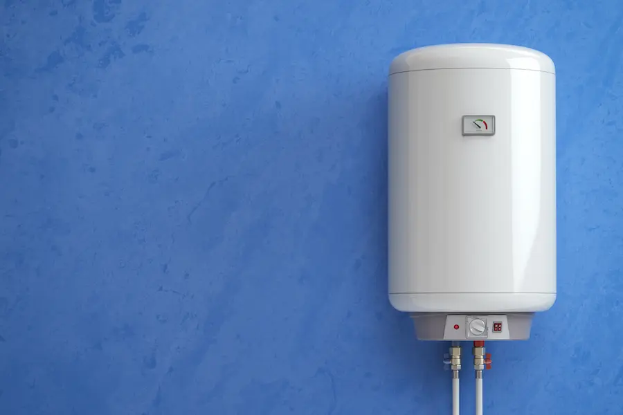 White electric boiler water heater on a blue wall