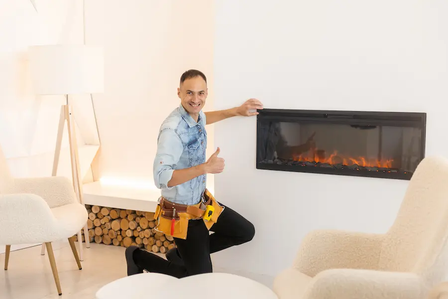 worker installing electric fireplace