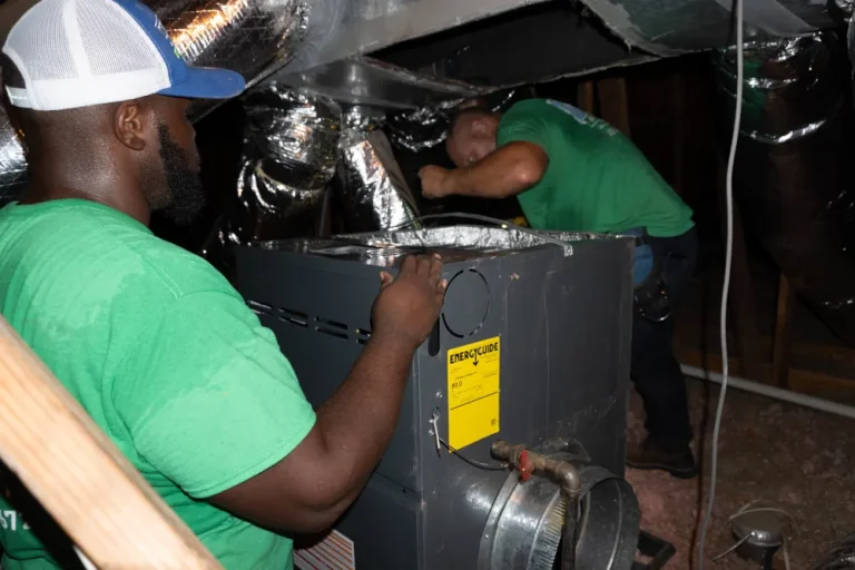 Furnace noises explained - 2 Call Triple Play Home Services HVAC techs repairing a furnace in an attic crawlspace.