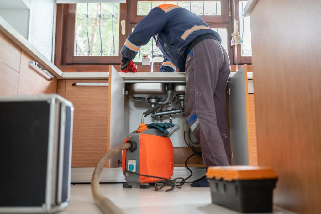 Plumber Unclogging A Kitchen Sink Drain With Pipe Cleaning Machine in Village Hills, OK,